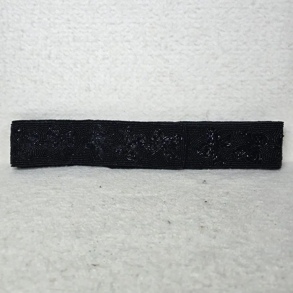 Talbots Black Beaded Bows Belt Womens Sz Medium Vintage Adjustable Hook & Loop